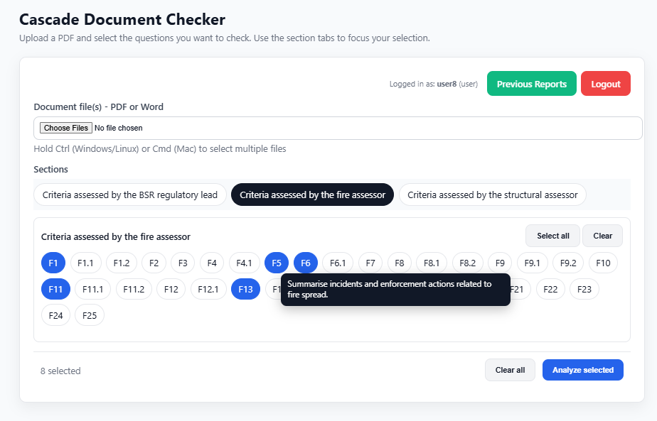 Cascade Document Checker interface selecting BSR assessment criteria for a safety case review